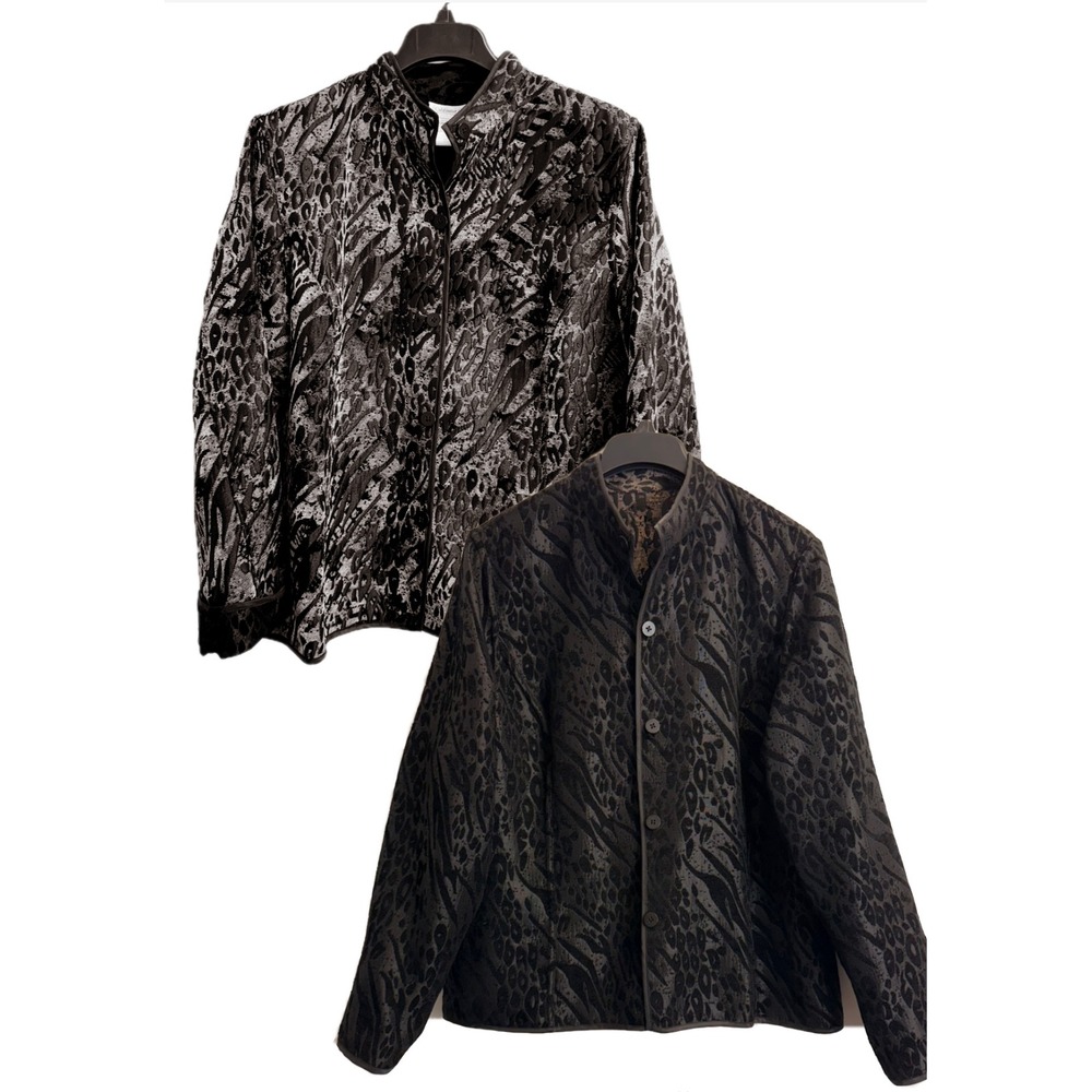 Coldwater Creek Reversible Jacket Womens Large Black Taupe Animal Print Coat